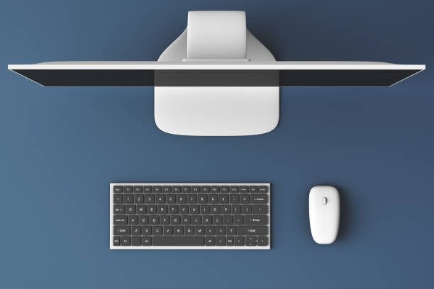 Workplace. Monitor, keyboard and computer mouse. Top view. Office topics