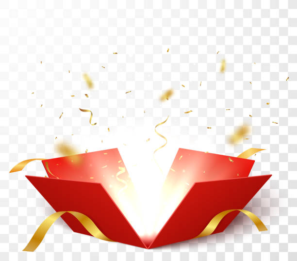 offene box mit gold konfetti, isoliert auf transparentem hintergrund - box open package magic stock-grafiken, -clipart, -cartoons und -symbole