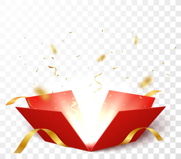 ilustrações de stock, clip art, desenhos animados e ícones de open box with gold confetti , isolated on transparent background - gift gold box white