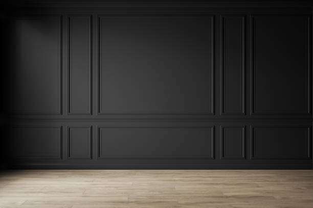 istock Classic black empty interior with wall panels, moldings and wooden floor. 3d render illustration mock up. 1306291997
