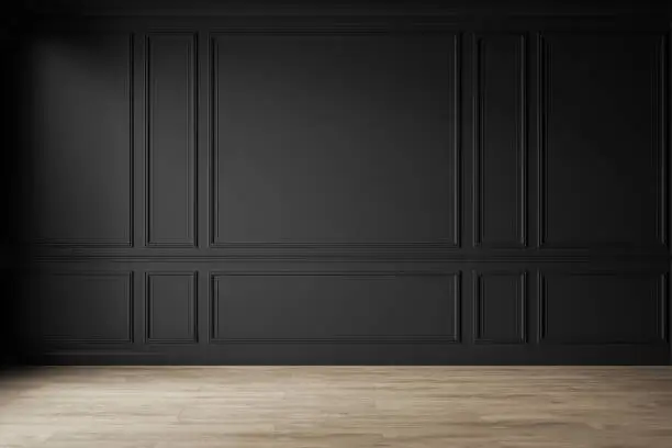 Photo of Classic black empty interior with wall panels, moldings and wooden floor. 3d render illustration mock up.