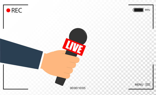 background with camera frame and record or rec vector isolated. focus TV in live news flat design. hand holding mic cartoon. Journalism and Microphone with journalist modern for sport in press. background with camera frame and record or rec vector isolated. focus TV in live news flat design. hand holding mic cartoon. Journalism and Microphone with journalist modern for sport in press microphone borders stock illustrations