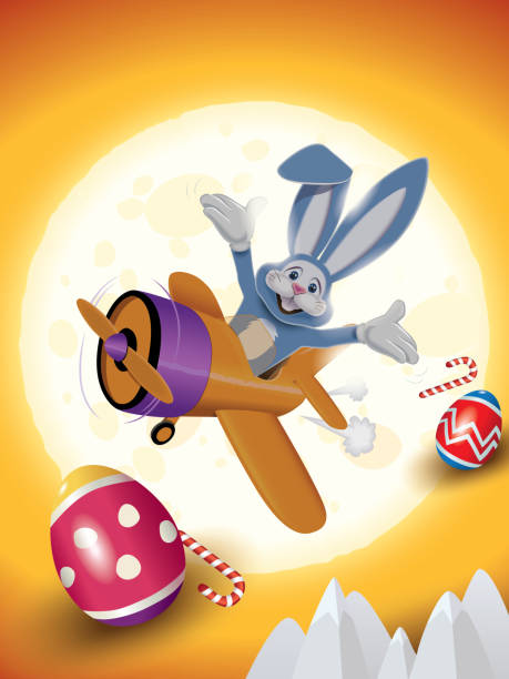 illustrazioni stock, clip art, cartoni animati e icone di tendenza di easter bunny sta pilotando un aereo arancione e condivide uova di pasqua e lecca-lecca - pilotando