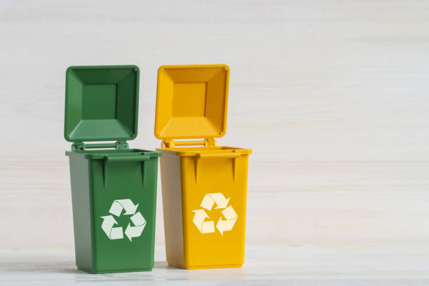 istock Two yellow-green dumpsters with open lids and the Ecology icon on a white isolated background. The concept of caring for the environment, sorting garbage, household waste for recycling 1306293701