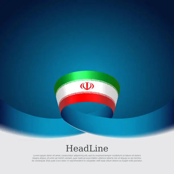 Vector illustration of Iran flag background. State iranian patriotic banner, cover, business flyer. Wavy ribbon color flag of iran on a blue white background. National poster. Vector tricolor brochure design