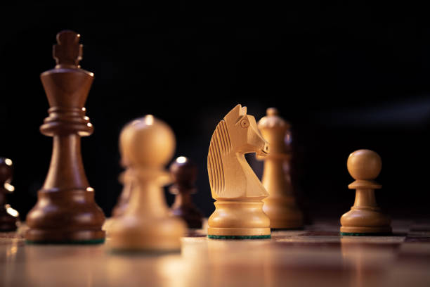 Wooden chess horse on a game board. Dark background.