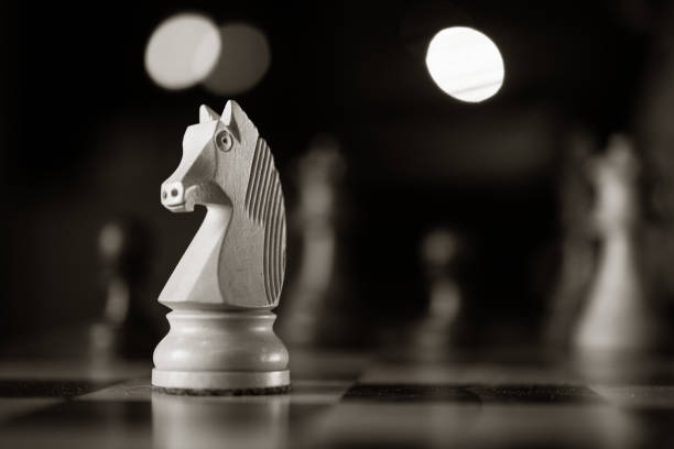 A chess horse stands on the playing field. Black and white photo. Retro style. only one figure in focus.