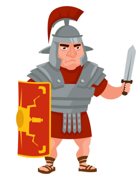 Roman warrior holding sword and shield. Roman warrior holding sword and shield. Male character in cartoon style. roman army stock illustrations