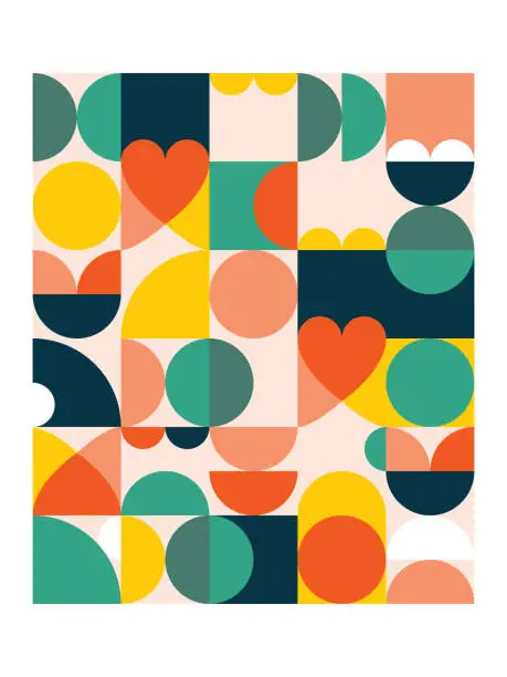 Vector illustration of Geometric vector poster print in 18x24 format - 60's and 70's mid-century modern pattern with circles, hearts and abstract shapes