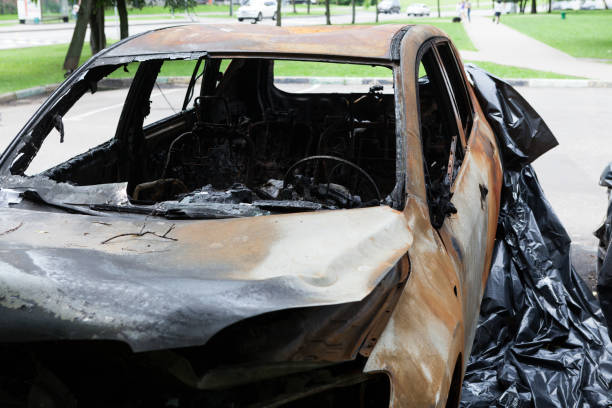 istock Completely burnt-out passenger car. Abandoned unattended transport. Selective focus 1306298161