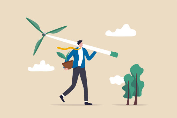 ilustrações de stock, clip art, desenhos animados e ícones de business going green, environment eco friendly in climate change crisis or sustainability concept, smart businessman carrying wind turbine and plant seedling going to create green energy. - man energy turbine