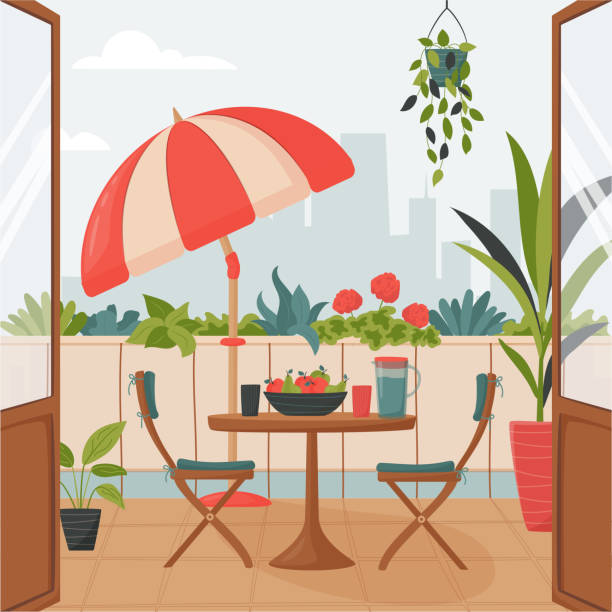 gemütlicher sommerbalkon mit sonnenschirm, kleinem tisch, stuhl und blumentöpfen - balkon stock-grafiken, -clipart, -cartoons und -symbole