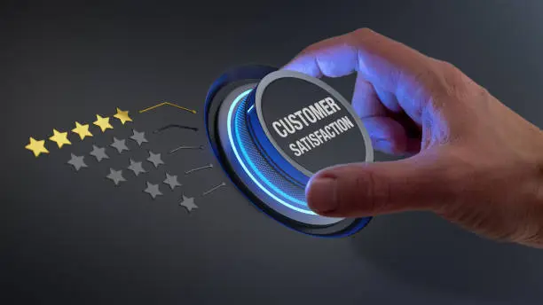 Photo of Five star customer satisfaction rating review praising excellent reputation and quality of service or product. Concept with manager hand turning knob to select highest performance evaluation ranking