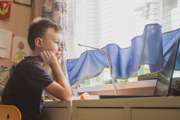 istock The student learns at school remotely. Textbook classes without a teacher. Schools are closed. Child in the classroom at home. 1306299881