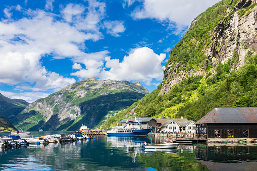 View to the Geirangerfjord with mountains in Norway.