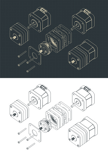 Stylized vector illustration of isometric drawings of a disassembled stepper motor with planetary gearbox
