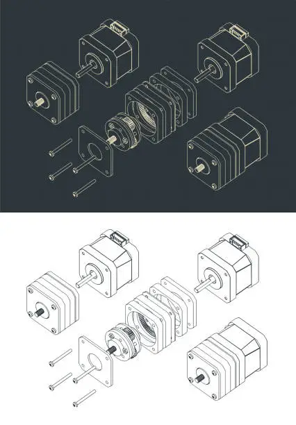 Vector illustration of Disassembled Stepper Motor with Planetary Gearbox Drawings
