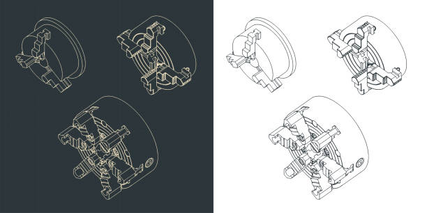 tokarka chuck mini zestaw rysunków izometrycznych - frezowanie obróbka skrawaniem stock illustrations