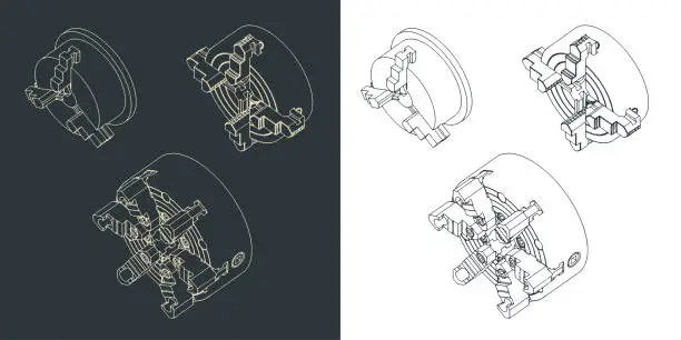 Vector illustration of Lathe chuck mini set isometric drawings