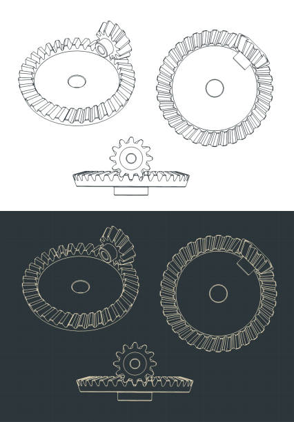 Helical bevel gear pair blueprints Stylized vector illustrations of helical bevel gear pair blueprints helical stock illustrations