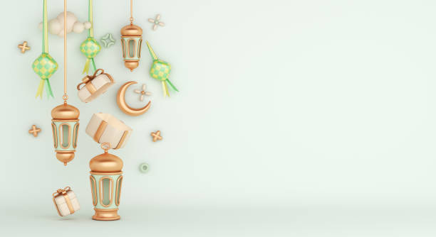 istock Islamic decoration background with ketupat, lantern crescent gift box cartoon style, ramadan kareem, eid al fitr, copy space text area, 3D illustration. 1306302070