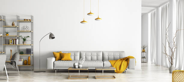 Modern interior design of apartment. Cozy living room with gray sofa, coffee tables, bookshelf and armchairs. Scandinavian home. 3d rendering Modern interior design of apartment with big windows. Cozy living room with gray sofa, coffee tables, bookshelf and armchairs. Scandinavian home. Room decor with yellow accessories. 3d rendering plaid couch stock pictures, royalty-free photos & images