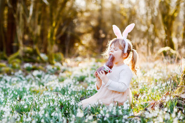 entzückende kleine mädchen mit osterhasen ohren essen chocholate figur im frühlingswald am sonnigen tag, im freien. nettes glückliches kind mit vielen schneeglöckchenblumen. frühlingshaftes, christliches urlaubskonzept. - bunny girl stock-fotos und bilder