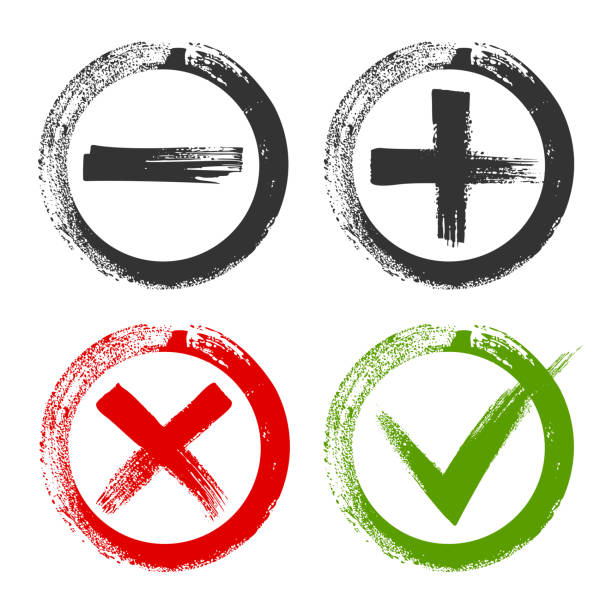 Design of check list marks, choice options, test, quiz or survey signs. Circles with black plus and minus, red x and green tick check marks. Approval signs. Images for your design projects. subtraction stock illustrations