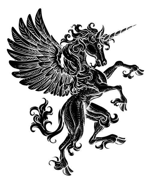 pegasus jednorożec hodowli szalonego crest wings koń - mythology horse pegasus black and white stock illustrations