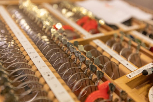 Close up of optician set of corrective lenses and phoropter eyeglasses