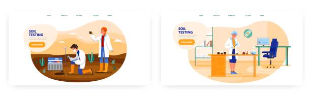 Soil testing landing page design, website banner vector template set. Agricultural soil analysis in the field and in lab Soil testing landing page design, website banner template set, flat vector illustration. Agricultural soil quality analysis and testing process in the field and in laboratory. soil tester stock illustrations