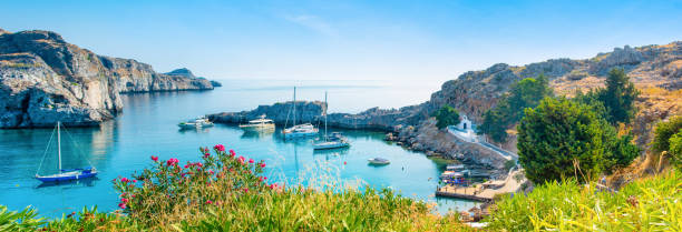 Landscape of the coast of Rhodes island stock photo