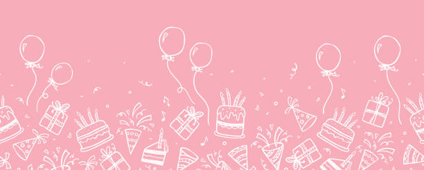 ケーキ、ギフトボックス、風船やパーティーの装飾と楽しい手描きパーティーシームレスな背景。誕生日パーティー、テキスタイル、バナー、壁紙、ラッピングに最適 - ベクターデザイン - party hat party birthday confetti点のイラスト素材／クリップアート素材／マンガ素材／アイコン素材