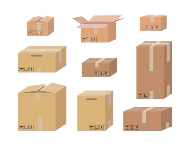 istock Cardboard box set isolated on white background. Carton delivery packaging open and closed box with fragile signs. 1306306951