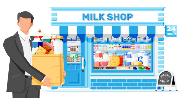 bildbanksillustrationer, clip art samt tecknat material och ikoner med mejeributik eller mjölkbutik och mankund. - cheese counter supermarket