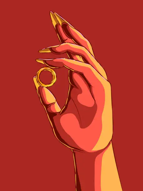 Vector illustration of Hand-drawn beautiful vector close-up illustration - Hand holding a ring.