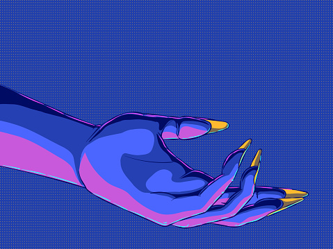 Hand-drawn futuristic neon illustration - Hand outstretched.