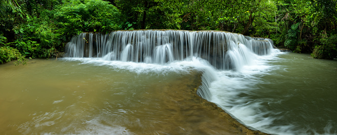 Panoramic beautiful deep forest waterfall in Thailand.