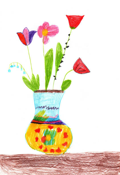 дети рисуют букет цветов. карандашное искусство в детском стиле - tulip blue close up cut flowers stock illustrations