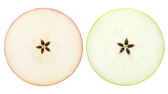 apple slice, half, on white background, clipping path