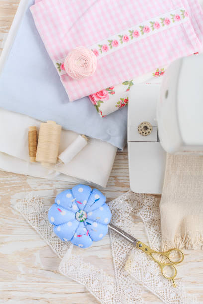 istock Sewing machine, tools and supplies. Hobby, crafting, creativity, free time at home concept 1306314191