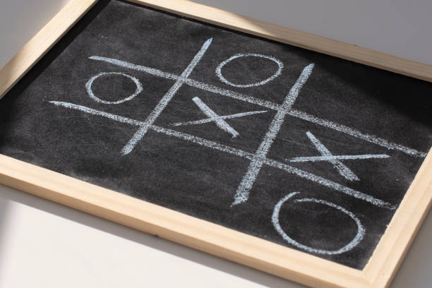 istock The tic tac toe game on blackboard with chalk grid, naughts and crosses 1306318522