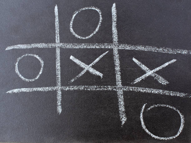 istock The tic tac toe game on blackboard with chalk grid, naughts and crosses 1306319046