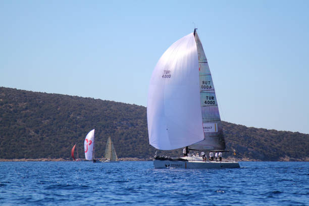 sailing ship yachts  in the open sea. luxury boats. - weather time travel locations nature imagens e fotografias de stock