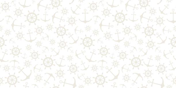 ilustraciones, imágenes clip art, dibujos animados e iconos de stock de patrón náutico sin costuras con ruedas de barco y anclajes - embarcación marina