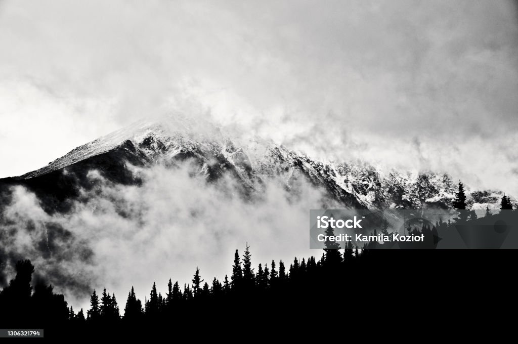 Winter mountain landscape, Polish Tatra mountains. Black and white picture. Altai Nature Reserve Stock Photo