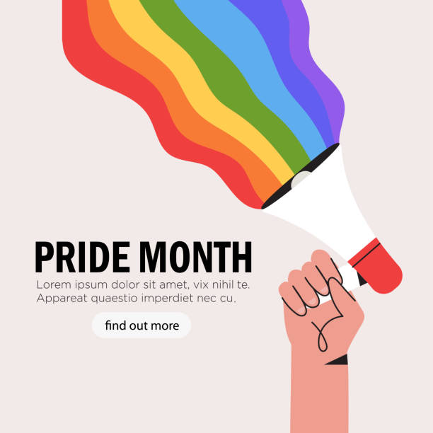 人々は、暴力、非難、人権侵害に対するプライド月間のお祝いの間にlgbt虹でメガホンや拡声器を保持しています。lgbtグリーティングカード、スクエアバナーまたはポスター。 - gay pride点のイラスト素材／クリップアート素材／マンガ素材／アイコン素材
