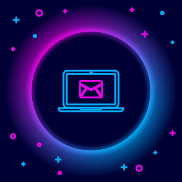 istock Glowing neon line Laptop with envelope and open email on screen icon isolated on black background. Email marketing, internet advertising concepts. Colorful outline concept. Vector 1306325519