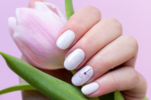 Female hand with beautiful manicure - white ivory nails with tulip on pink blurred background, closeup. Selective focus