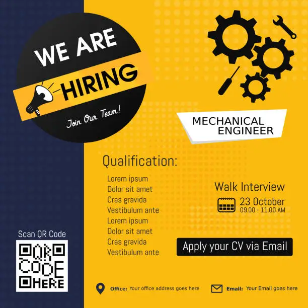 Vector illustration of Job opening mechanical engineer design for companies.  We are hiring modern banner, poster, background template